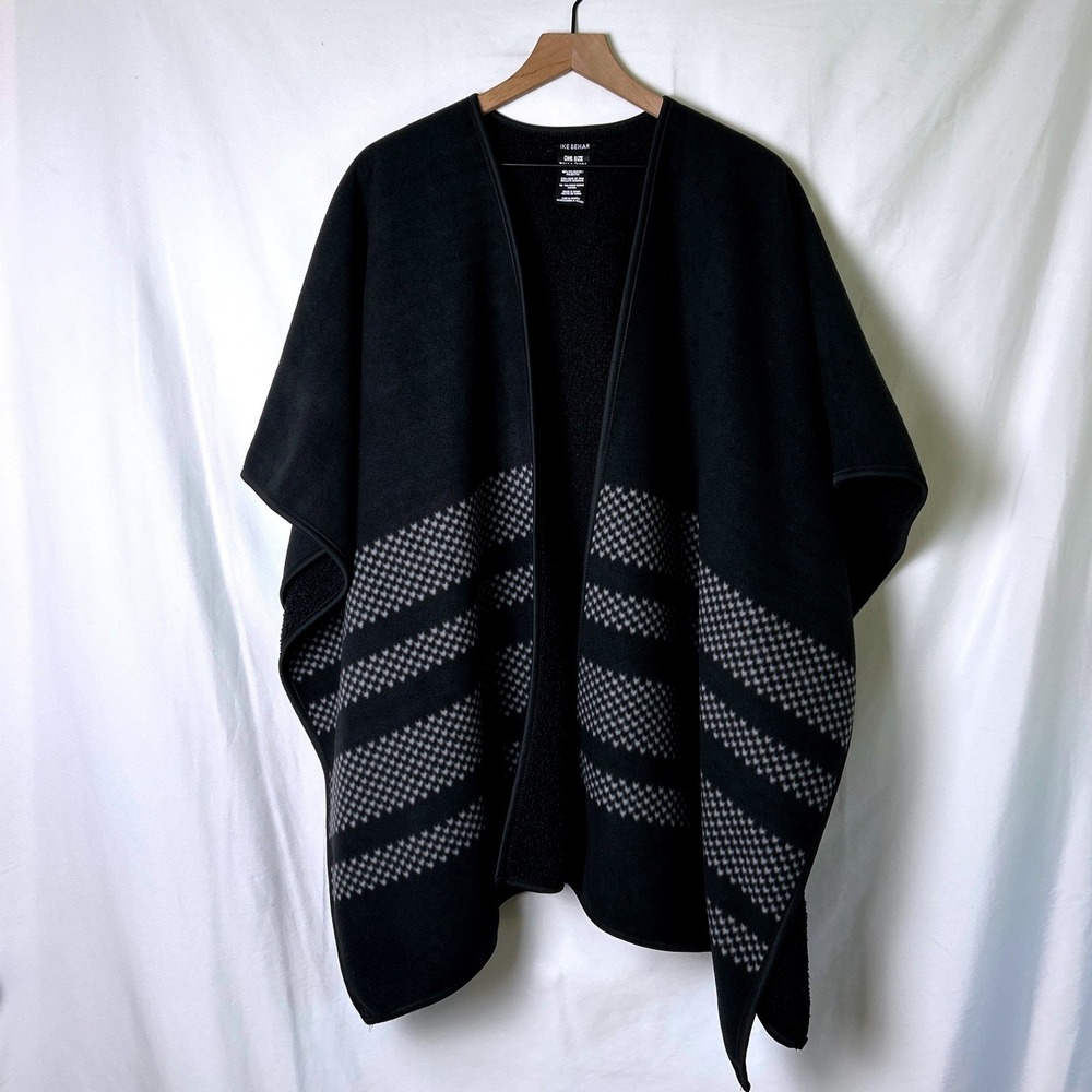 Ike Behar Womens Sherpa Lined Striped Fleece Open Front Poncho Wrap OS Black